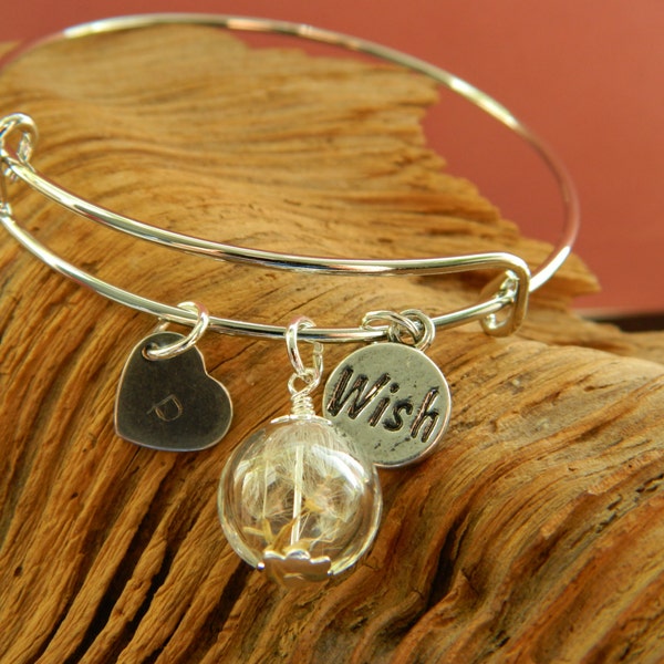 Personalized Initial Dandelion Seed Make A Wish Glass Orb Bangle.Adjustable.Gift