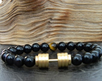 Gold Dumbbell Bracelet. Natural Black Agate Tiger's Eye beaded bracelet.Fitness.Determination.Sport.Motivation bracelet.UNISEX