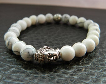 Mens Beaded Buddha Bracelet- Natural White Turqoise