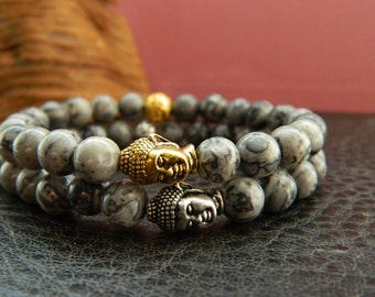 Men Natural Scenery  Grey Jasper Beaded Buddha Bracelet.Hip Hop.Gift.Gold.Silver