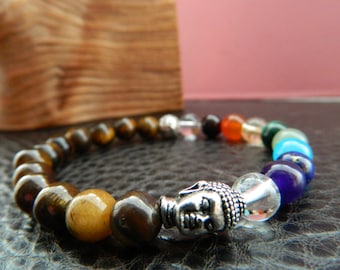 7 Chakra Balancing Buddha Bracelet. Healing. Yoga. Meditation.Mens.Women.Tiger's eye.