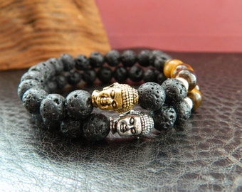 Mens Natural Black Lava Tiger's Eye Beaded Buddha Bracelet.Chakra.Yoga.Meditation