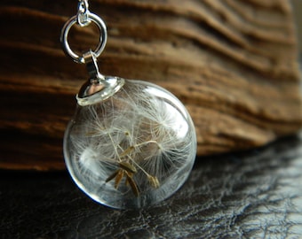 925 Sterling Silver Dainty and Cute Real Dandelion Seeds Necklace. Make A Wish.Glass Orb. Transparent Round