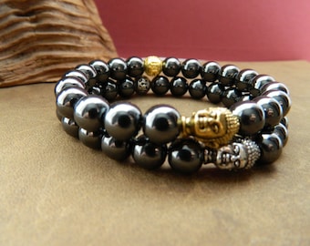 Natural Hematite Beaded Buddha Bracelet.Reiki.Chakra.Root Chakra.Mens.Women.Gift.Reiki
