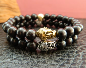 Men Genuine Black Sandal Wood Beaded Buddha Bracelet.Hip Hop.Gift.Gold.Silver