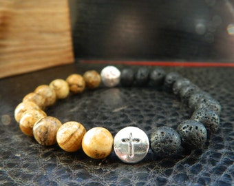 Natural Black Lava Rock Picture Jasper Cross Beaded Bracelet. Yoga.Meditation.Unisex