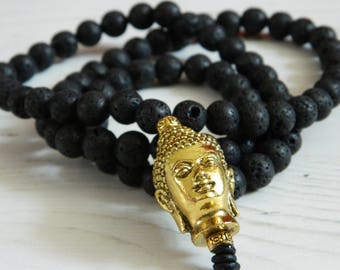 Men Chunky Natural Lava Rock Large Antique Gold Buddha Charm Beaded Necklace.Statement.Boho.Long Necklace.Handmade.