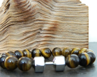 Silver Dumbbell Bracelet. 10mm Natural Tiger's Eye beaded bracelet.Fitness.Determination.Sport.Motivation bracelet.UNISEX