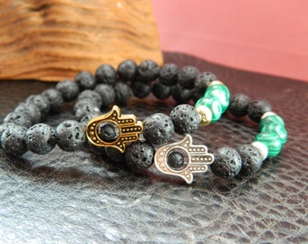 Hamsa Beaded Bracelet.Natural Black Lave Malachite Gemstone Bracelet.Chakra.Yoga.Meditation