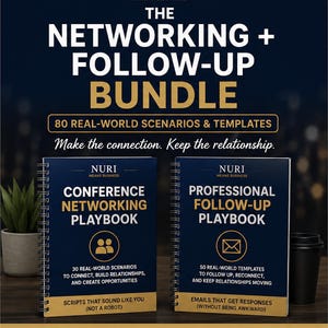 May include: The Networking + Follow-Up Bundle includes two spiral-bound books: the Conference Networking Playbook with 30 scenarios and the Professional Follow-Up Playbook with 50 templates. Both feature dark blue covers with gold text and icons.