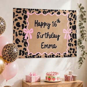 Custom Leopard Birthday Banner, Pink Bow Hand Painted Banner, Cheetah Print Birthday Backdrop, 15th 16th 18th Birthday Sign, Coquette Party