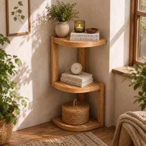 May include: A three-tiered wooden corner shelf with an S-shaped frame. The top shelf holds a ribbed vase with greenery, a green glass candle, and a small bowl. The middle shelf holds a gold clock and two books. The bottom shelf holds a woven basket.