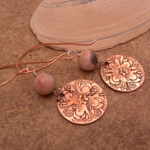 Mandal stamped copper disk earrings with round zebra jasper ear wires rustic boho