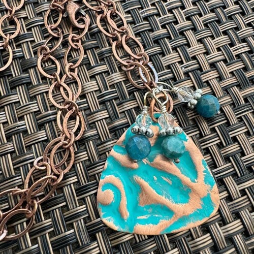 Copper and Apatite Verdigris triangle oval chain necklace guitar pick aqua patina paint rustic boho