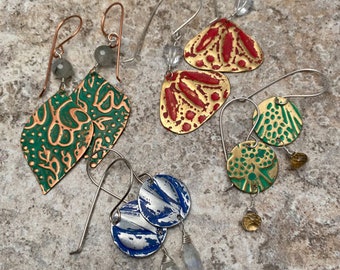 Patina paint metal embossed earrings brass aluminum copper rustic