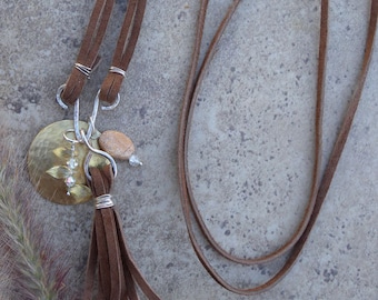 Brown leather tassel necklace brass disk lemon quartz rustic boho