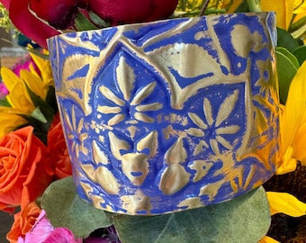 Brass patterned cuff purple patina paint large 2 inch wide rustic shiny gold embossed
