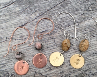 Metal disk cat stamped gemstone earrings