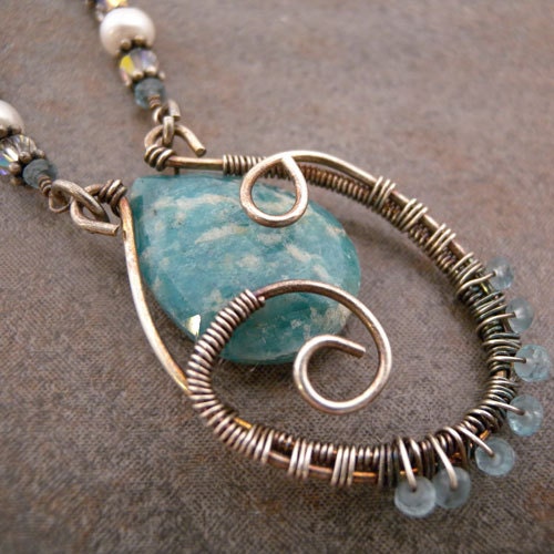 Amazonite Teardrop Sterling Silver Wire Wrapped Pendant With Apatite - Etsy