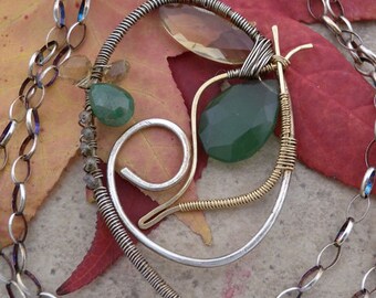 Honey Quartz, Emerald, and Serpentine mixed metal pendant necklace