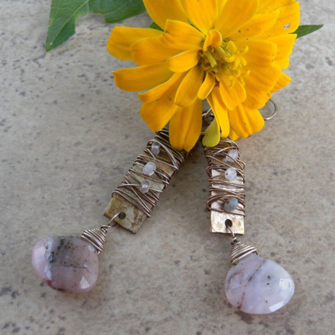Wire Wrapped Sterling Silver Rectangles With Pink Opal Dangle Earrings ...