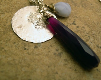Dandelion stamped sterling silver disk with purple chalcedony and blue agate necklace