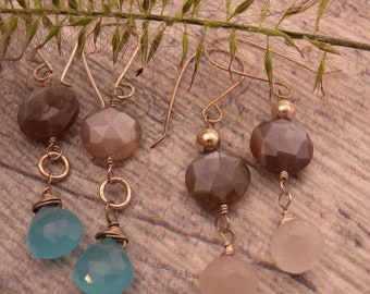 Chocolate moonstone and white moonstone or blue chalcedony sterling silver earring