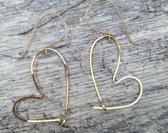 Square wire free form heart earrings rustic boho sterling silver gold filled