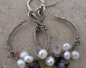 Pearl Black Spinel and White Topaz sterling silver wire wrapped earrings