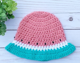 watermelon crochet bucket hat- knit sun hat - READY to SHIP- crochet sun beanie - watermelon beanie - summertime hat - beach hat