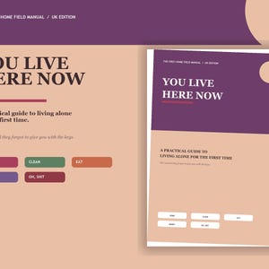 May include: A book titled The First-Home Field Manual / UK Edition with the text You Live Here Now and A practical guide to living alone for the first time. The cover features a purple top section and a peach bottom section with five buttons.