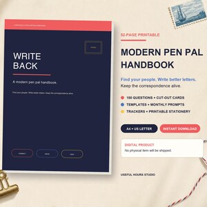 Könnte beinhalten: Ein 52-seitiges, druckbares Modern Pen Pal Handbook mit dunkelblauem Einband und dem Text Write Back. Das Dokument enthält 100 Fragen, Ausschneidekarten, Vorlagen, monatliche Anregungen, Tracker und druckbares Briefpapier in A4 und US Letter.