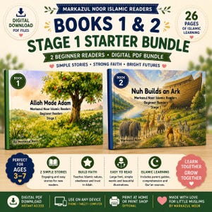 May include: A digital PDF bundle of two Islamic reader books for children titled Allah Made Adam and Nuh Builds an Ark. The cover art features a tree in a meadow and an ark with animals. The bundle includes 26 pages of content for ages 3-7.