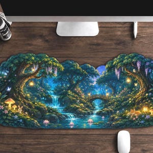 Könnte beinhalten: Eine rechteckige Schreibtischunterlage mit gewelltem Rand, die eine lebendige, detaillierte Illustration eines magischen Waldes mit Wasserfall, Steinbrücke, leuchtenden Laternen, Blumen, einem kleinen Hasen und einem Fuchs zeigt.