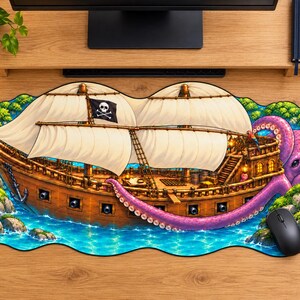 May include: An elongated desk mat featuring a vibrant illustration of a wooden pirate ship with white sails and a black skull and crossbones flag. A large purple octopus wraps its tentacles around the ship, which is surrounded by blue water and green islands.