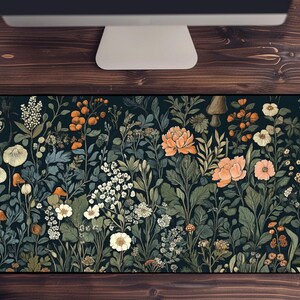 Cottagecore blommig skrivbordsmatta – Retro botanisk musmatta, söt växtbaserad skrivbordsmatta, rustik trädgårdsmatta med tangentbord, mysig naturestetik