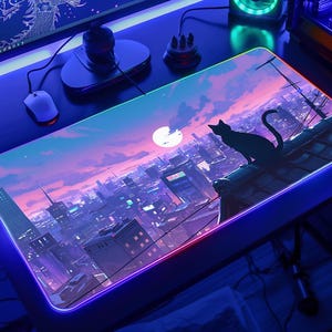 Svart katt skrivbordsmatta – Neon City RGB-musmatta, söt cyberpunk-kattunge, nattmatta, stor LED-arbetsyta