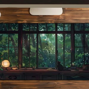 Könnte beinhalten: Eine rechteckige Schreibtischunterlage mit einer illustrierten Szene eines dunklen Raums mit einem großen Fenster, das auf einen regnerischen Wald blickt. Eine schwarze Katze sitzt auf dem Schreibtisch neben einer leuchtenden Lampe und Regalen.