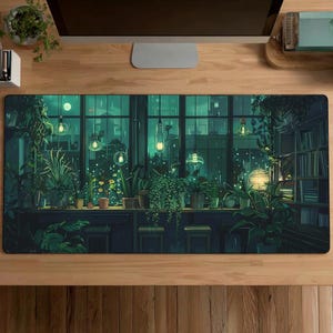Könnte beinhalten: Eine rechteckige Schreibtischunterlage mit einer digitalen Illustration eines Raumes voller verschiedener Topfpflanzen und hängender Glühbirnen vor einem großen Fenster bei Nacht. Die Szene ist in dunklen Grün- und Petroltönen gehalten.
