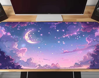 Schattige roze wolk bureauonderlegger - Pastelkleurige bureauonderlegger, speelse kawaii bureauonderlegger, zachte lila grote muismat, leuk bureauaccessoire