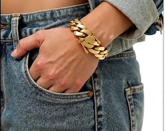 18mm Cuban Link Chain For Men 14K Gold Plated Stainless Steel Bracelet