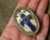 1970s silver aluminum container, Gemstone Lapis Lazui cross, orante small lidded pill holder, Made in Pakistan
