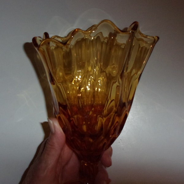 1960s amber elegant vintage pressed glass, footed pedestal vase 8" tall 5.5 across ruffled glass top