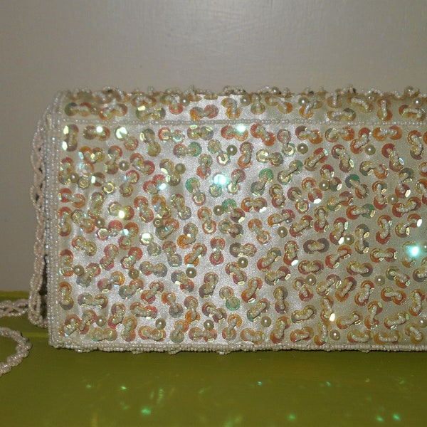 Vintage Evening purse made with white glass pearls, white glass seed beads and gold sequins, Wedding purses