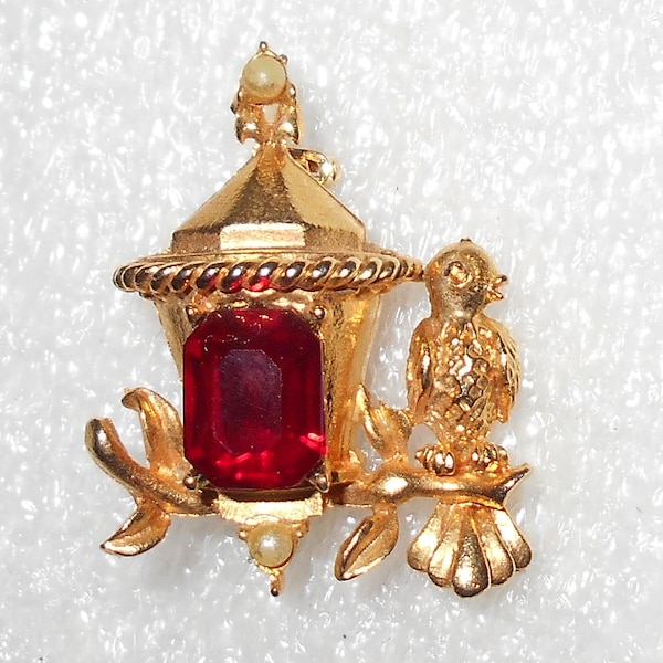 Vintage pin bird and birdcage brooch large red ruby rhinestone with tiny faux pearls gold tone 1950s jewelry