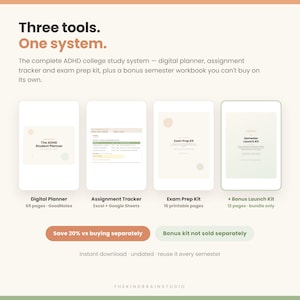 Könnte beinhalten: Ein digitales Lernsystem mit vier Komponenten: ADHD-Studentenplaner, Aufgaben-Tracker für Excel und Google Sheets, Prüfungsvorbereitungs-Kit und ein Bonus-Semester-Launch-Kit. Der Text lautet Three tools. One system. und instant download.