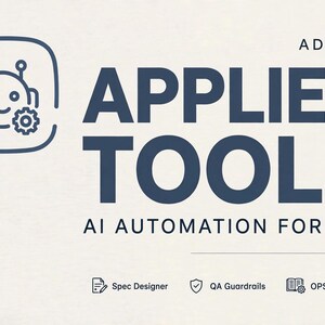 Może przedstawiać: Projekt graficzny przedstawiający ikonę robota w kolorze ciemnoniebieskim w zaokrąglonym kwadracie, z tekstem ADD-ON APPLIED TOOLS AI AUTOMATION FOR OPS. Poniżej znajdują się trzy małe ikony z etykietami Spec Designer, QA Guardrails i OPS PLAYBOOK.