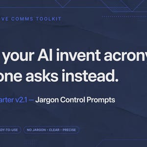 May include: A dark blue digital graphic with white text reading: TPM EXECUTIVE COMMS TOOLKIT. Does your AI invent acronyms? This one asks instead. TPM Starter v2.1 — Jargon Control Prompts. Below are four small rectangular buttons: 12+ PROMPTS, READY-TO-USE, NO JARGON - CLEAR - PRECISE.