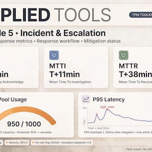 May include: An infographic titled APPLIED TOOLS TPM TOOLKIT MODULE 5, detailing Incident & Escalation metrics. It displays MTTA, MTTI, and MTTR values, a DB Pool Usage gauge at 950/1000, and a P95 Latency line graph showing a 920ms peak and 720ms stable point.