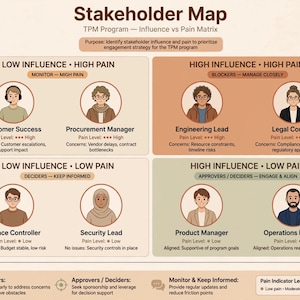 May include: A Stakeholder Map titled TPM Program - Influence vs Pain Matrix. The chart is divided into four quadrants: Low Influence-High Pain, High Influence-High Pain, Low Influence-Low Pain, and High Influence-Low Pain, featuring illustrated avatars.